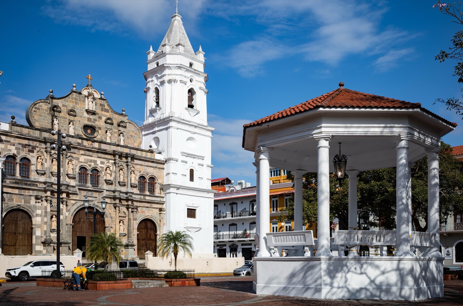 The cathedral and bandstand on the main plaza of Casco Viejo, Panama City's old quarter