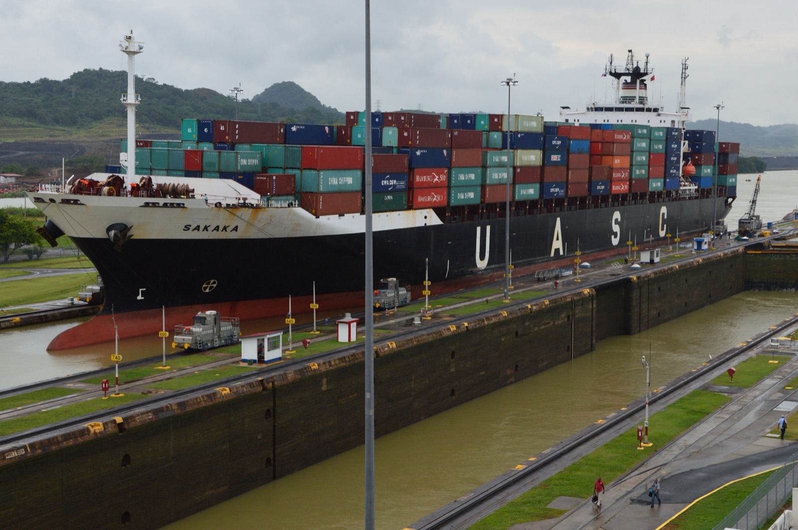 A container ship passing through the Miraflores locks on the Panama Canal